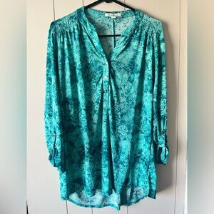 Studio Works Teal Floral Henley Tunic Womens Size Large